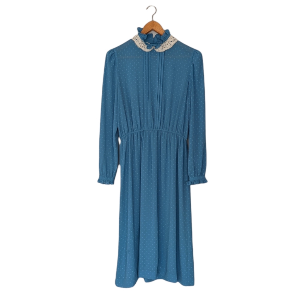 Vintage Blue Cottagecore Maxi Prairie Dress Removable Lace Collar